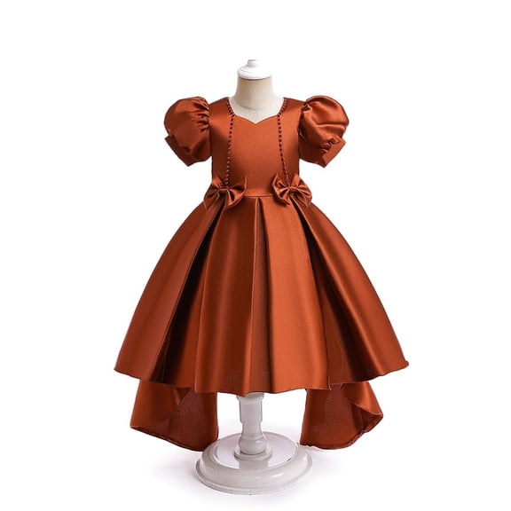 Girls Elegant Princess High Low Dress with Puff Sleeves Satin Formal Gown
