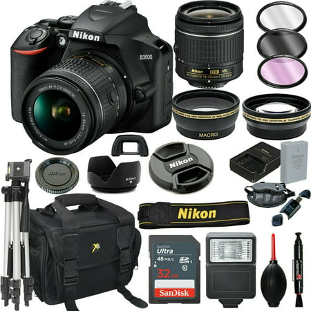 Nikon D3500 DSLR Camera with 18-55mm VR Lens + 32GB Card, Tripod, Flash, and More (20pc