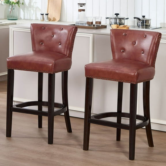 S-HOME Leather Upholstered Bar Stools Set of 2 Brown Fixed Height 29.5 Inch Chairs for Kitchen and Dining