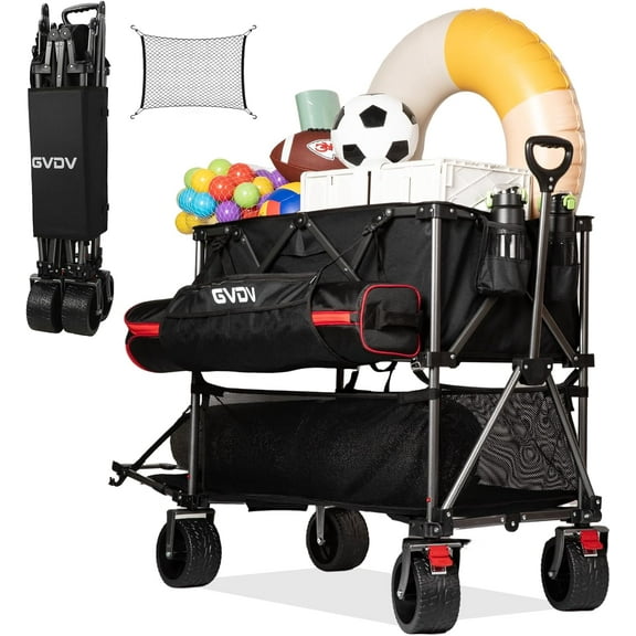 ZALIX Double Decker Wagon Capacity & 400L Collapsible Carts with All-Terrain Wheels, 46" Extra Long Extender Cart with Nylon Netting, Foldable Wagon for Beach Camping Garden Sports