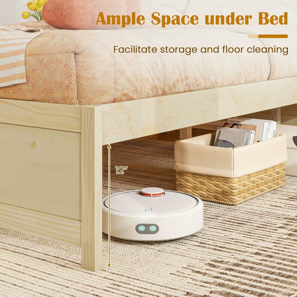 Barara King Full Size Wooden Bedroom Trundle Bed Frame with 2 Rolling Storage Drawers, Bed Platform Frame for Bedroom, Apartment, Natural