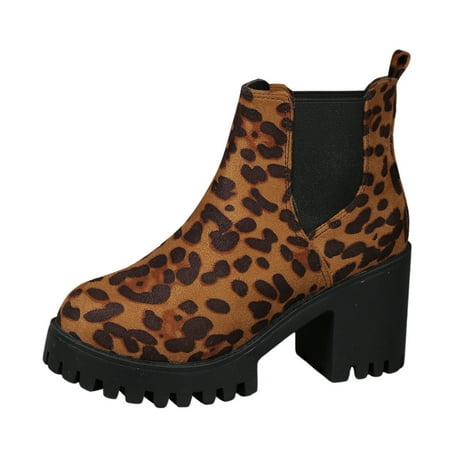 

Women S Ankle Boots Fashion British Leopard Pattern Suede Round Head Thick High Heel Short Boots