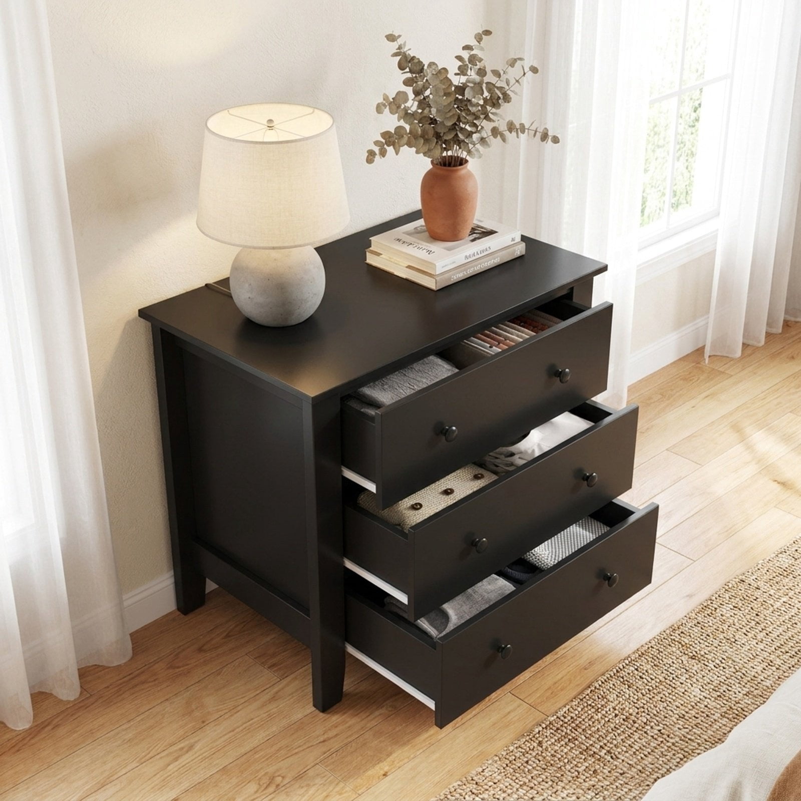 Furnibear 3 Drawer Dresser Chest of Drawers Bedside Table, Wood Grain, for Bedroom Closet Living Room Nursery Clothes Storage, Dark Brown