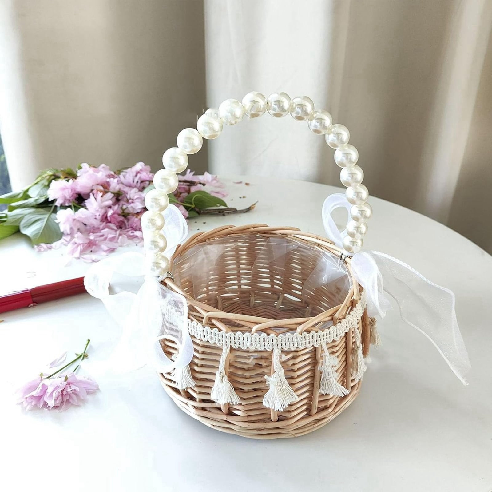 Wicker Rattan Flower Girl Basket Wedding Flower Girl Basket with Pearl Handle and Bow Fairy Flower Basket Handwoven Easter Basket Wicker Basket for Wedding Flower Girl