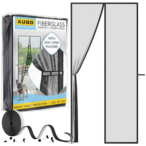 AUGO Magnetic Fiberglass Screen Door - Self Sealing, Heavy Duty, Hands Free Mesh Partition Keeps Bugs Out - Door Screen Magnetic Closure - Patent Pending Keep Open Feature - 38 Inch x 83 Inch