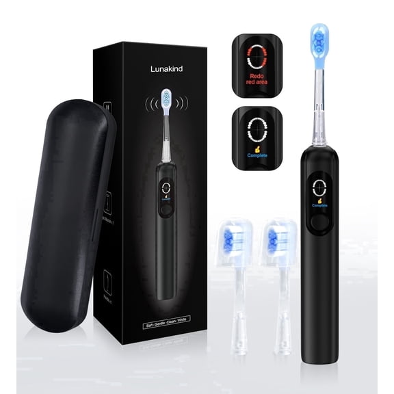 lunakind Sonic Toothbrush with Travel Case, Electric Toothbrush, AI Smart Display, 4 Modes with Missed Spot Detection, Pressure Sensor, 2 Brush Heads,Travel Toothbrush with Case