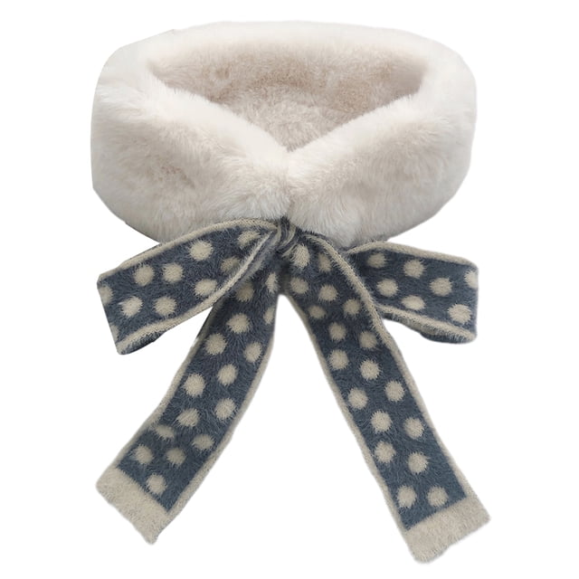 Opolski Winter Women Leopard Dot Bowknot Warm Faux Rabbit Fur Collar Neck Scarf Wrap