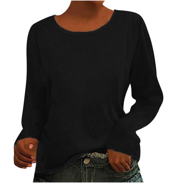 Tops de Otoño Para Mujer Blusa de Manga Larga Sólida Informal de Moda Blusas de Cuello Redondo Camisas Odeerbi ODB180525