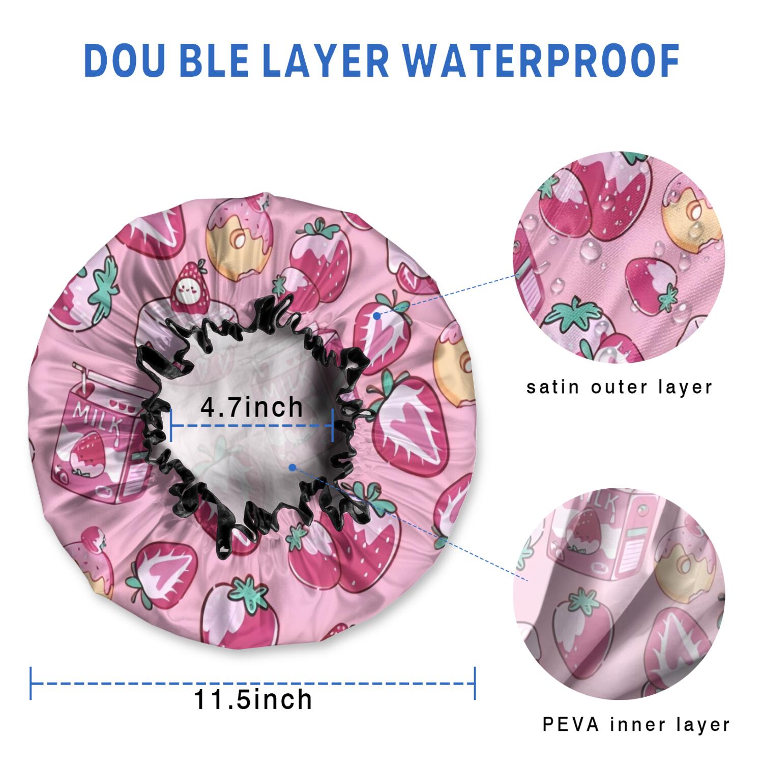 Shower Caps,Strawberry Plants Fruit Dessert Milk Pink Pattern Waterproof Shower Cap for Women 4 Pieces,Double Reusable Hair Cover for Shower PEVA Elastic Stretch Hem