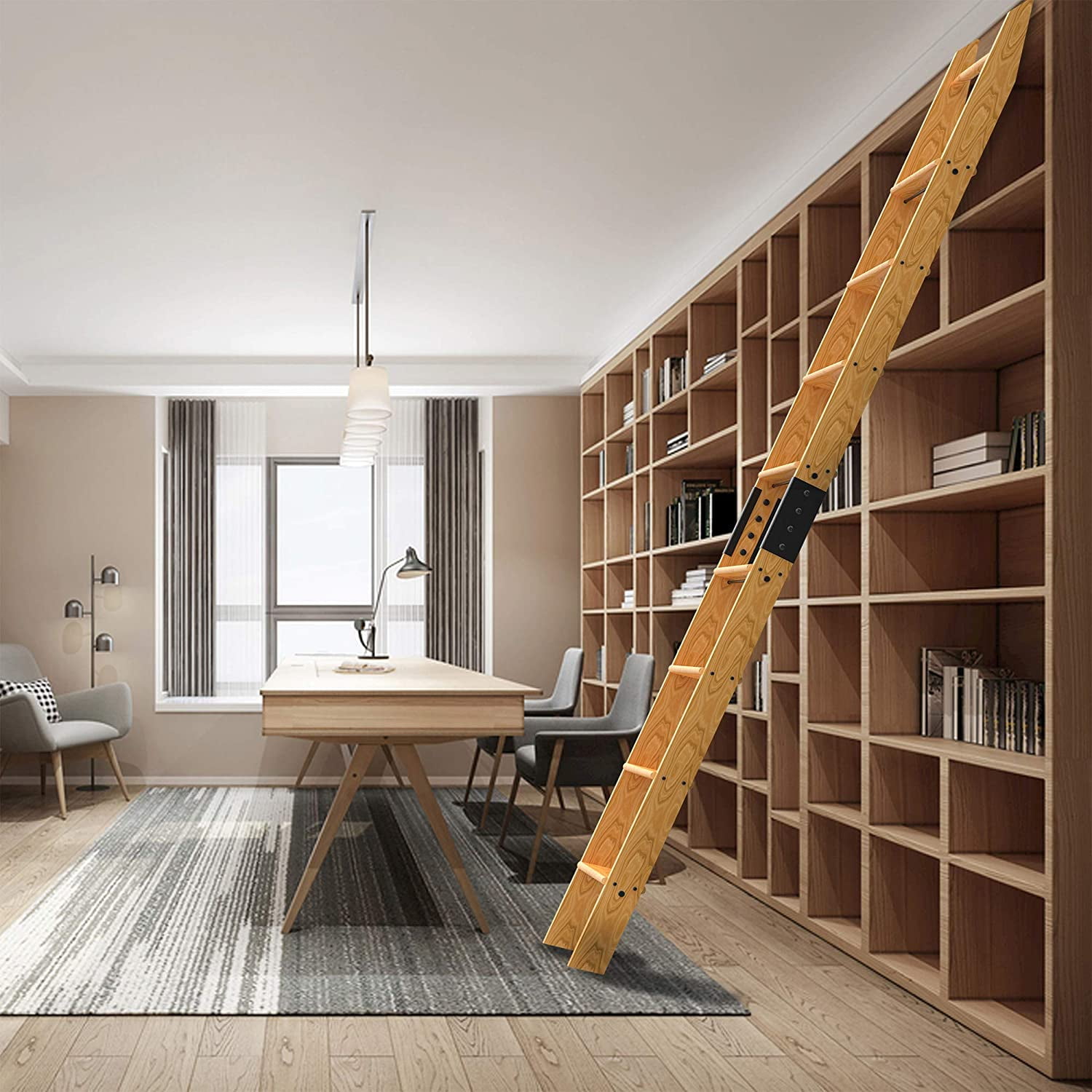 Red Oak Wood Sliding Library Ladder with Step Rolling Ladder