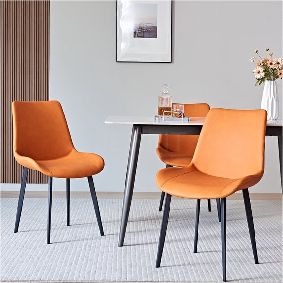 JERFIT Modern Orange PU Leather Dining Chairs Set of 2, Upholstered Side Chairs with Black Iron Legs for Kitchen, Dining Room