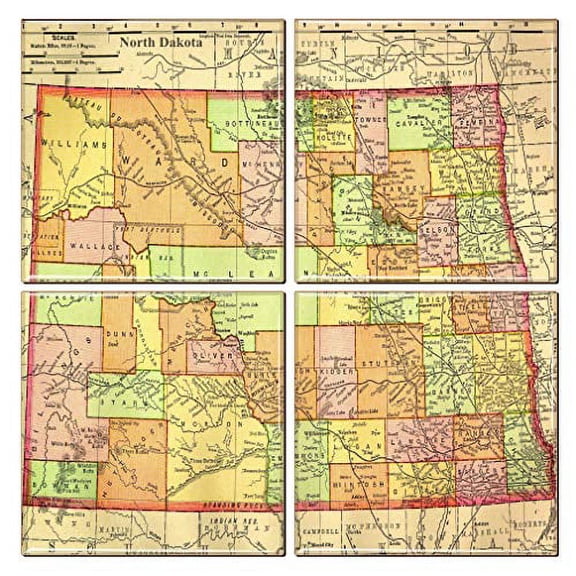 North Dakota Coaster of Vintage Map (Set of 4)
