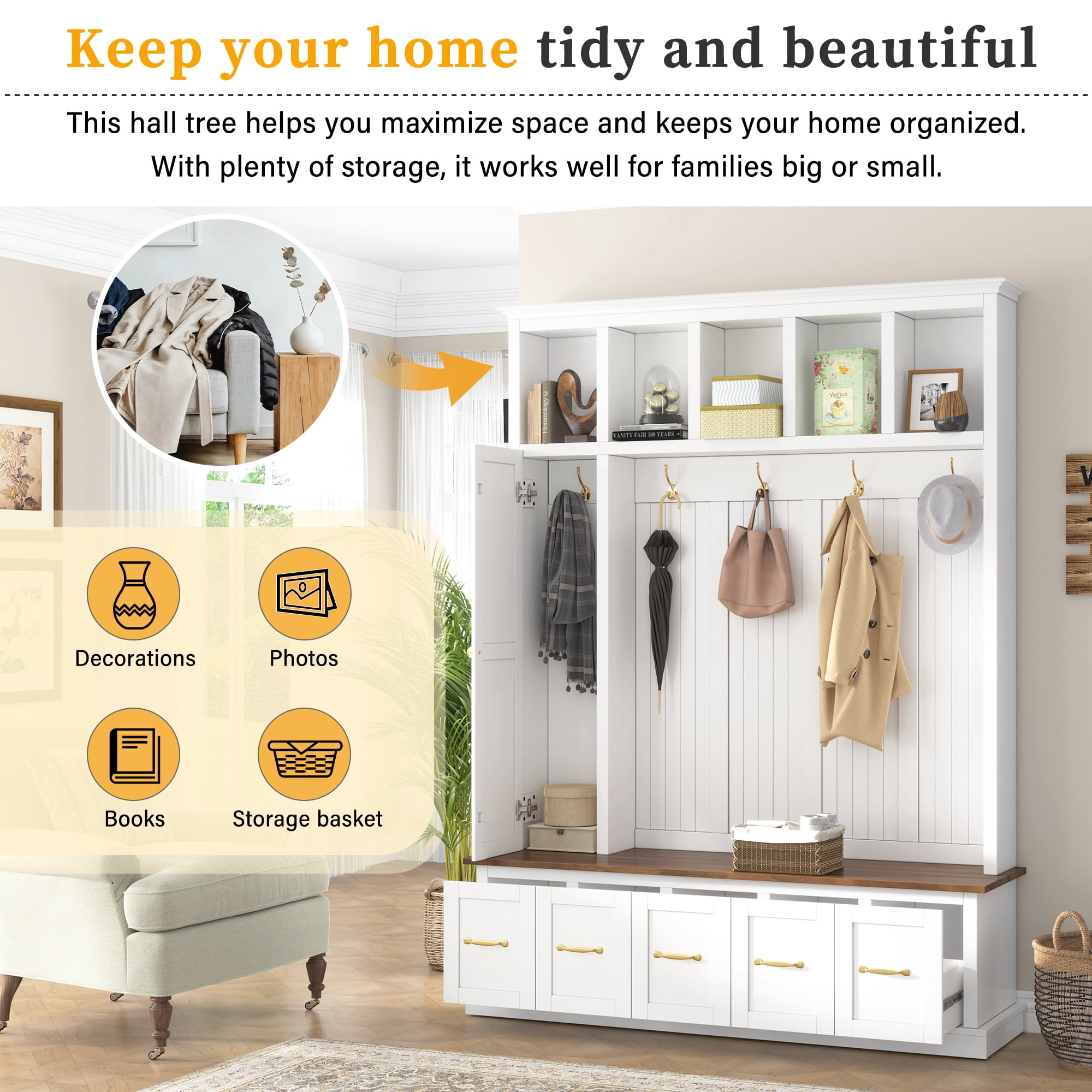 HOQBN 79"H Entryway Hall Tree with 5 Coat Hooks,Shoe Bench & 5 Drawer Storage Cabinet, All-in-One Storage Organizer Coat Rack for Hallway, Living Room,White