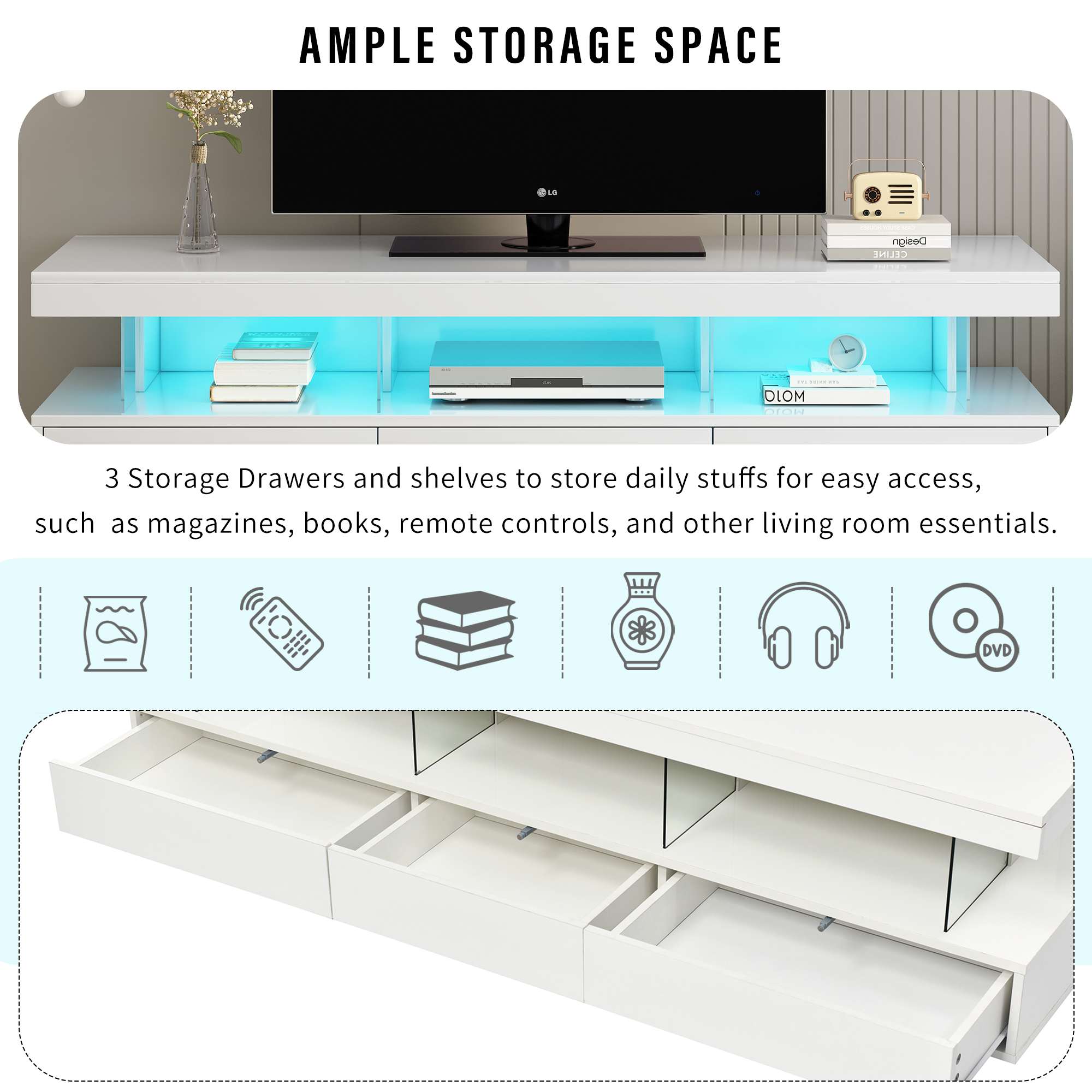 Aukfa LED TV Stand for TVs up to 70" - High Glossy TV Cabinet with Storage for living Room - Black