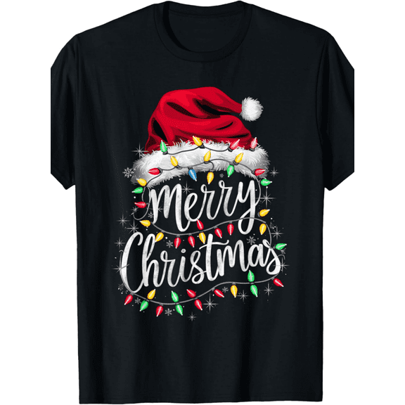 Merry Christmas Lights Red Santa Hat Xmas Family Men Women T-Shirt