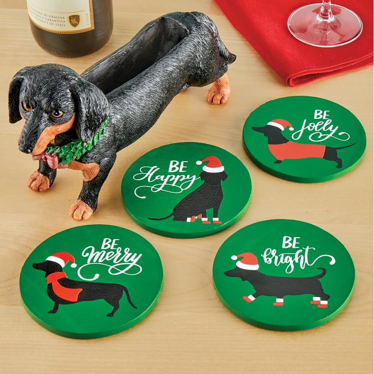 Collections Etc Holiday Beverage Coasters with Sculpted Dachshund Dog Holder