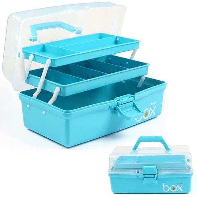 YOPTOP 12 in Three-Layer Multipurpose Storage Box Organizer Folding Tool Box Art & Crafts Case Sewing Supplies,Blue