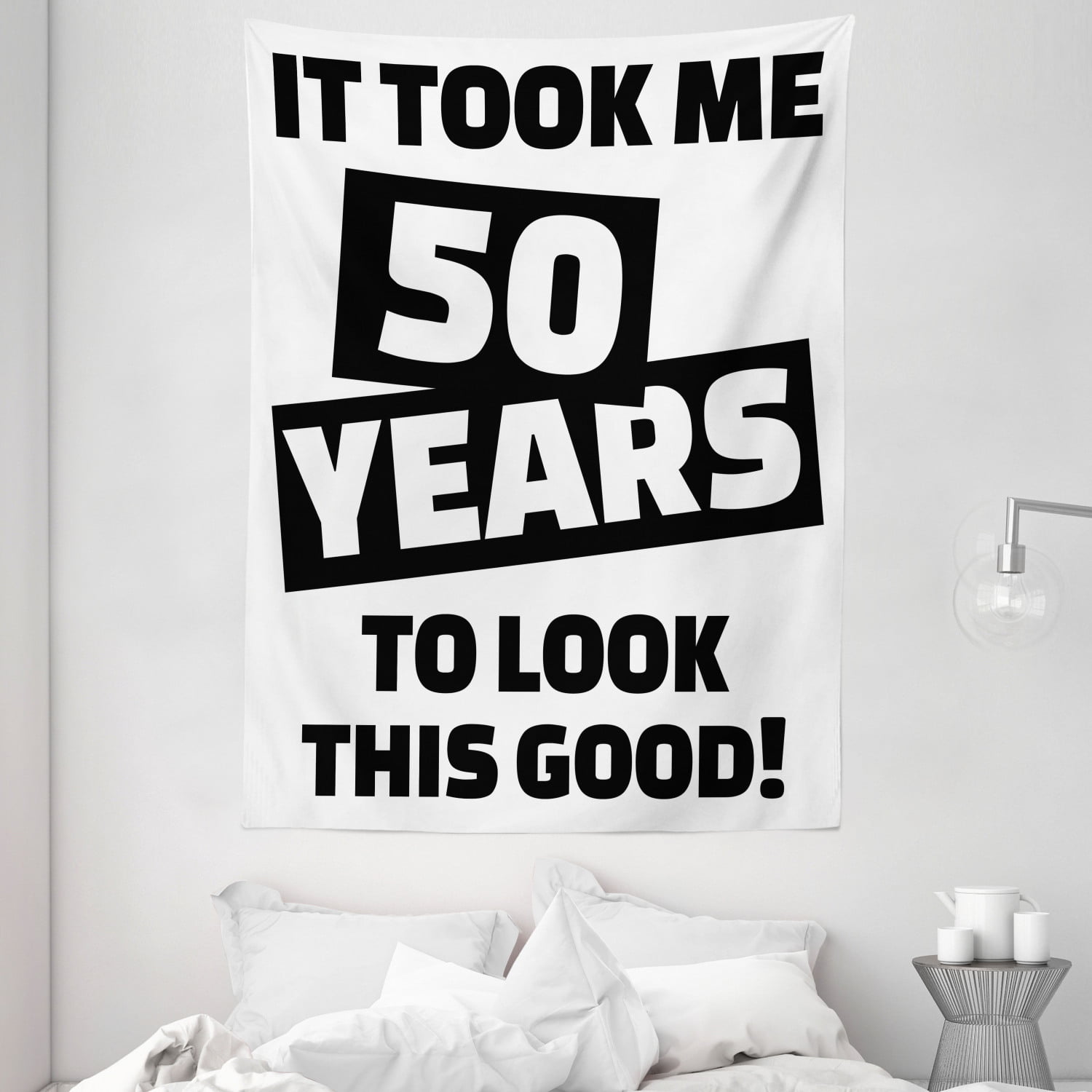 50th Birthday Decorations Tapestry, Funny Happy Expression Self Confidence  Themed Pictogram Style, Wall Hanging for Bedroom Living Room Dorm Decor,  60W X 80L Inches, Black White, by Ambesonne 