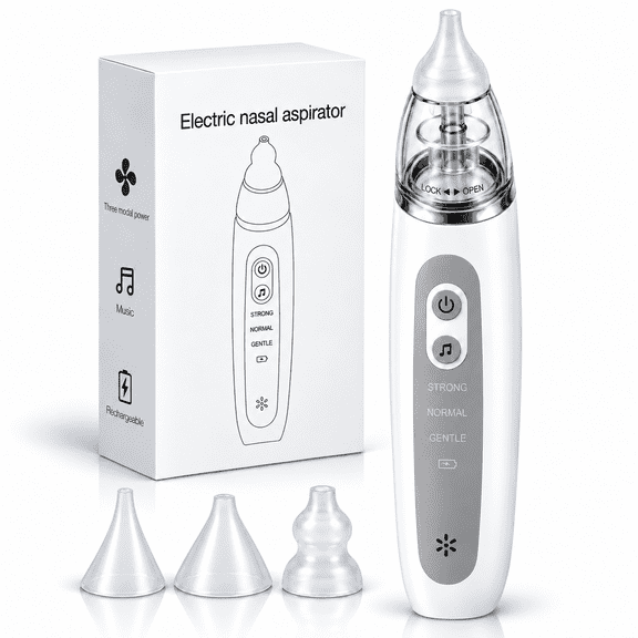 ZNQPLF Electric Baby Nasal Aspirator, Rechargeable Nose Sucker with 3 Suction Levels, 3 Silicone Tips, 10 ml Chamber, White