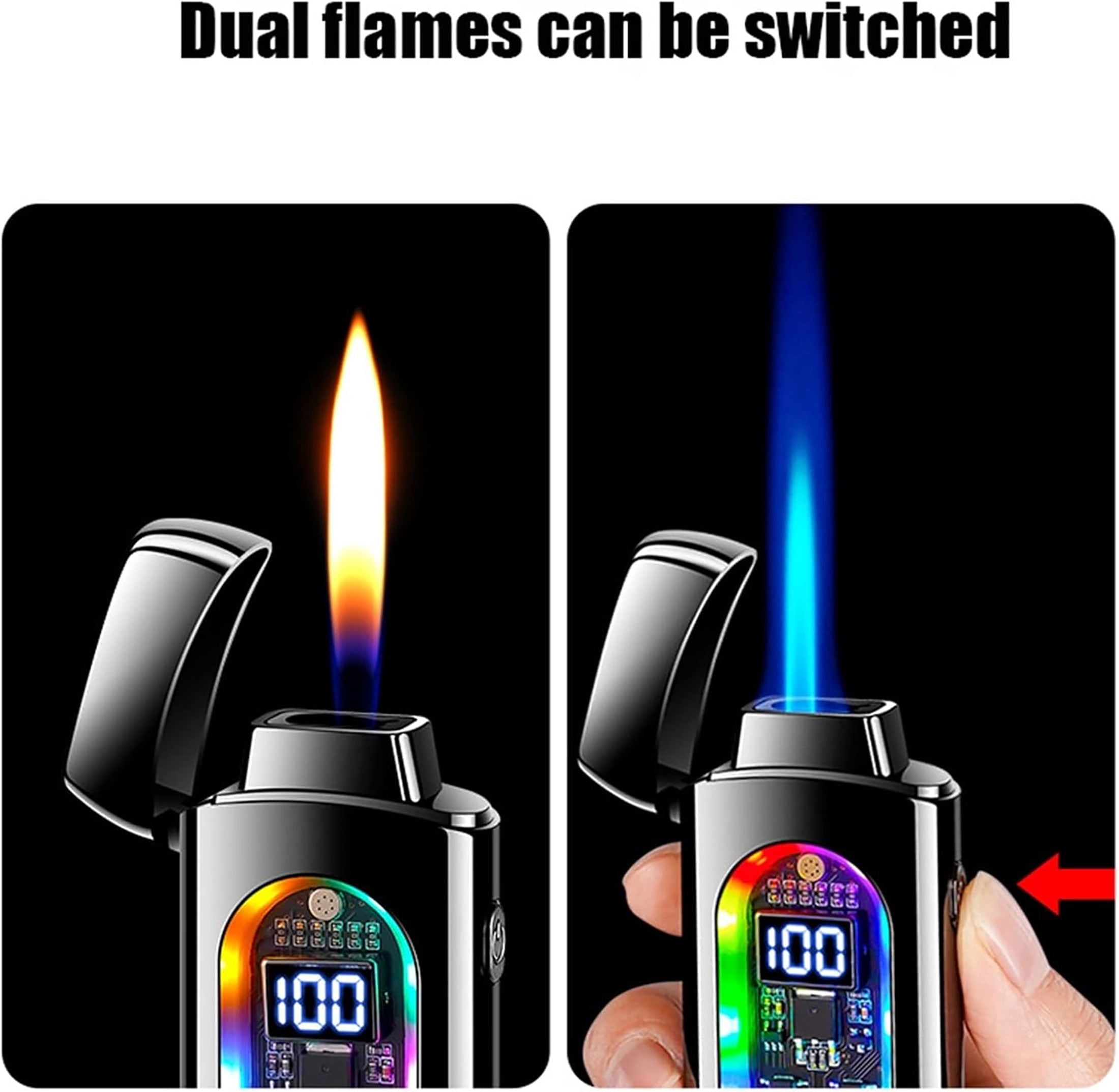 Dual Flame Metal Windproof Lighter with LED Display - USB Rechargeable, Visible Gas Chamber, 4 Ignition Modes, Colorful Lights for Camping, Grill & Candle