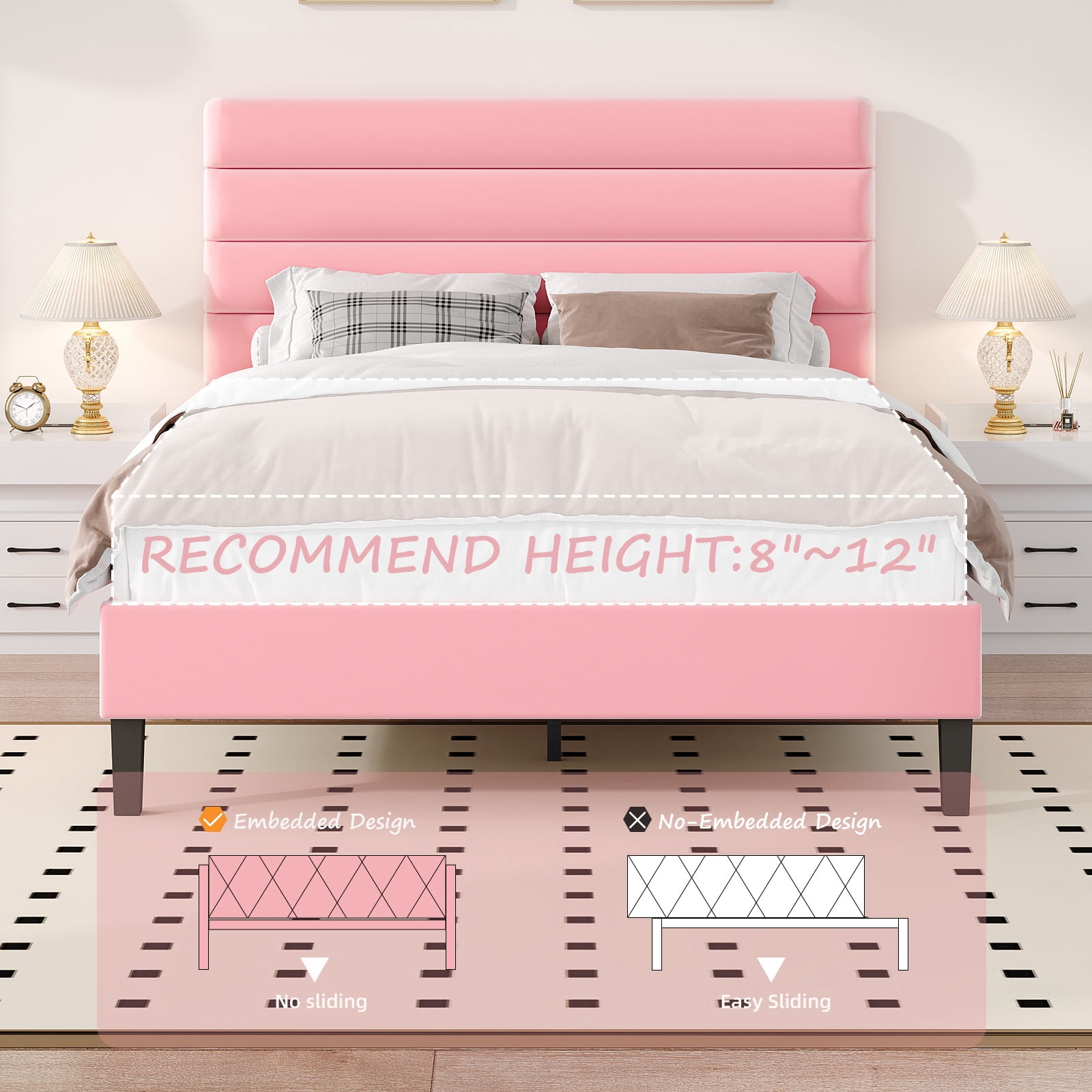 4 EVER WINNER Full Platform Bed with Horizontal Stitched Pink Velvet Headboard, Upholstered Base, Stable Slat Support, Easy Assembly