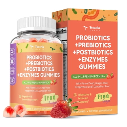 Totaria Sugar Free 5-in-1 Probiotic Prebiotic Postbiotic Gummy - Complete Immune, Gut & Digestive Support for Women & Men | Vegan, 60 Gummies