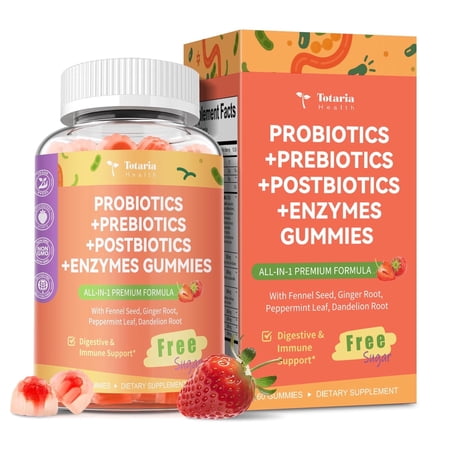 Totaria Sugar Free 5-in-1 Probiotic Prebiotic Postbiotic Gummy - Complete Immune, Gut & Digestive Support for Women & Men | Vegan, 60 Gummies