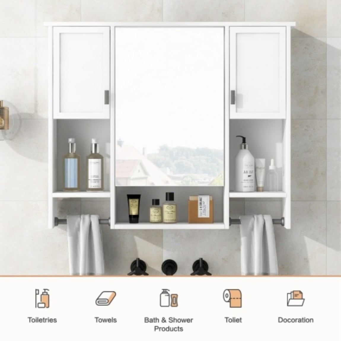 35"x 28" Wall Mounted Bathroom Medicine Cabinet with Mirror, Bathroom Storage Cabinet with Towel Bar, Adjustable Shelves, 3-Door MDF Wall Cabinet, White