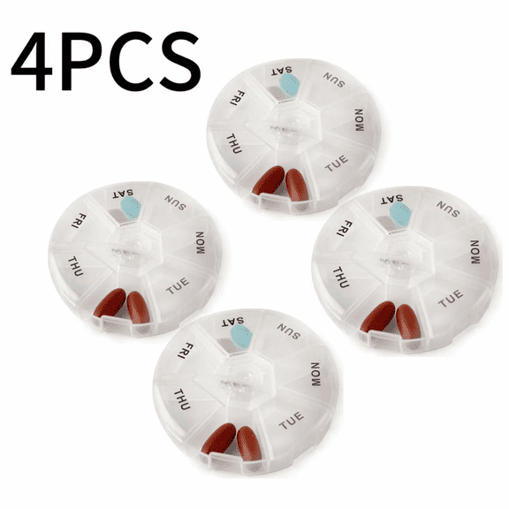 Round 7 Day Pill Organizer (4 Pack), Portable Weekly Vitamin Container, Clear Daily Supplement Case, Travel Pill Box for Vitamins, Supplements