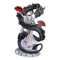 Legends Oriental Black Dragon King With Red Fans Geisha Dancer Fairy Figurine