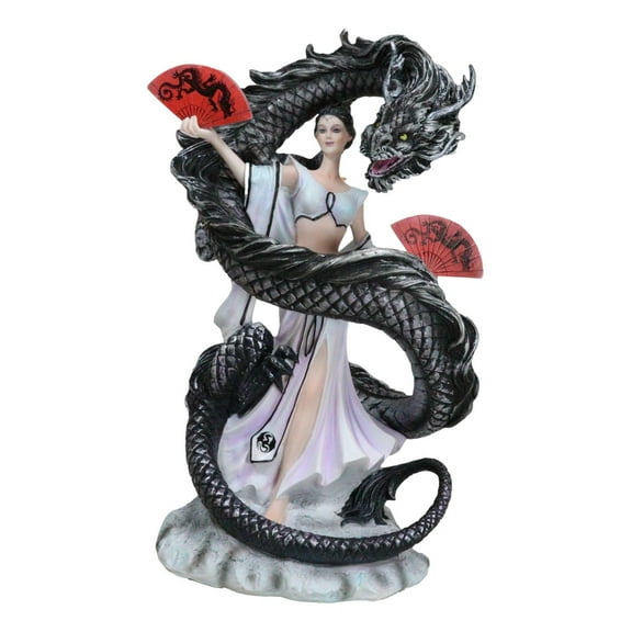 Legends Oriental Black Dragon King With Red Fans Geisha Dancer Fairy Figurine