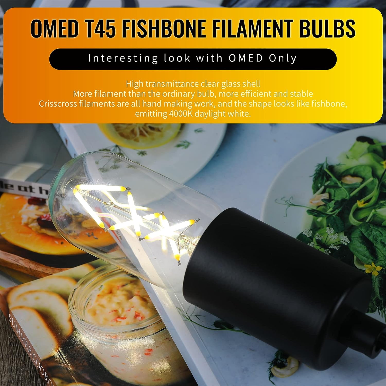 OMED Fishbone LED Filament Vintage Edison Light Bulbs, T45/T14 E26 4W Antique Tubular Edison Bulbs 40 Watt Equal, 400LM 4000K Daylight White Spiral Retro Tube Edison Bulbs, Clear Glass, 6 Pack