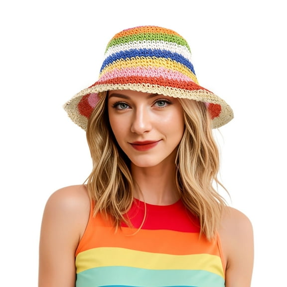 Wowstyle Rainbow Stripe Straw Sun Hat for Women Foldable Wide Brim Crochet Straw Bucket Hat Floppy Hand Woven Fisherman Beach Hat UPF 50 Beach Travel Pride Accessories , Rainbow