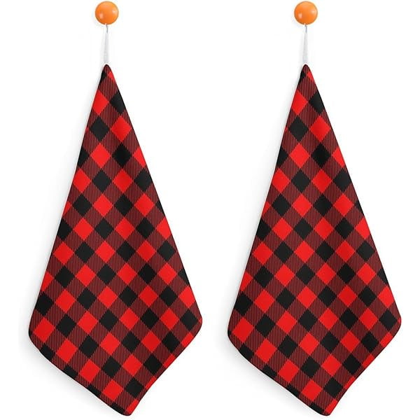 wonima01 Small Towels with Hanging Loop Red Black Buffalo Checkered Plaid Hand Dry Towels for Kitchen & Bathroom Soft Hanging Towel