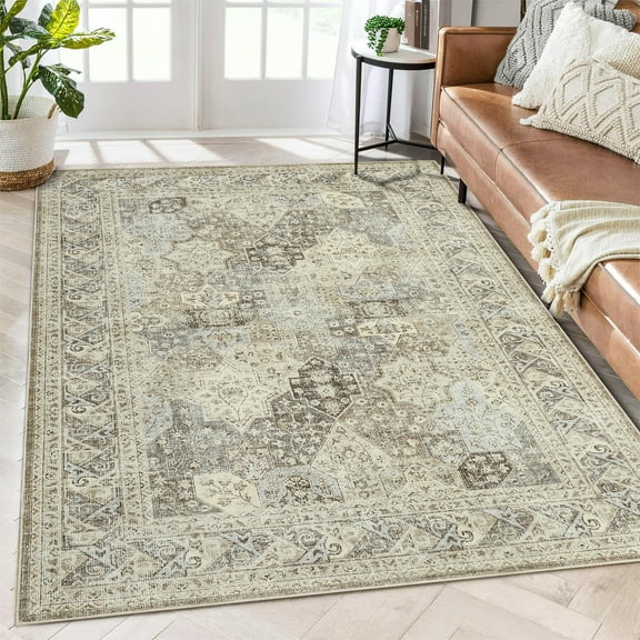 GlowSol Large Area Rug 9' x 12' Vintage Rug Oriental Floral Print Farmhouse Rug Non-Slip Non-Shedding Foldable Rug Indoor Throw Carpet, Brown