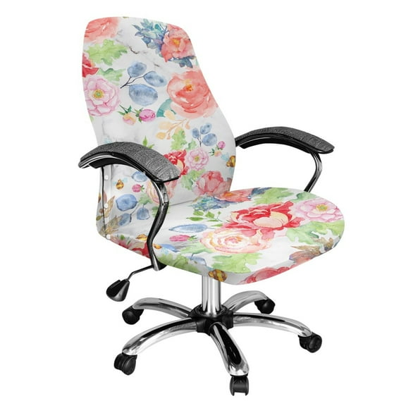 ZIATUBLES Home Office Chair Cover Computer Desk Rotating Chair Slipcover Removable Washable Stylish High Back Chair Protector Covers with Snap Button, S, Floral Bee White