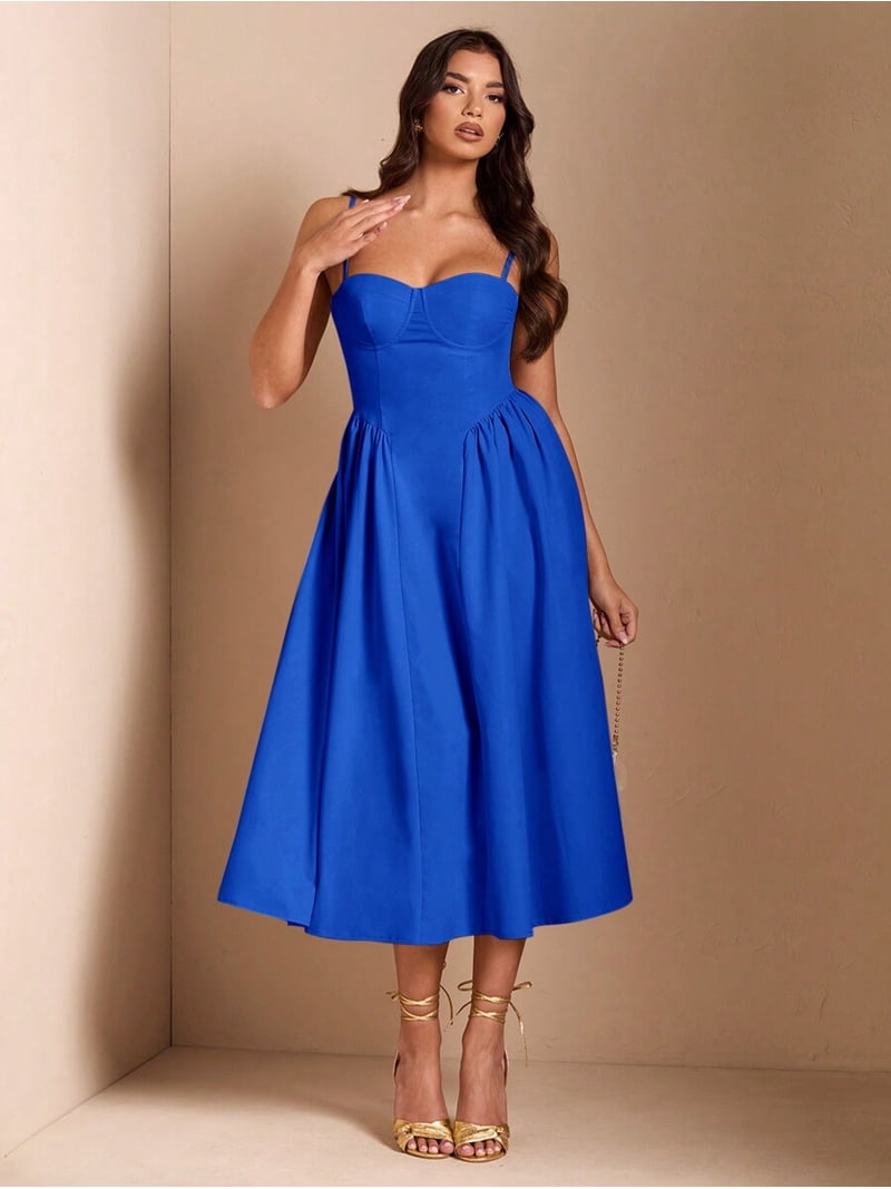 royal blue fit and flare dress Spaghetti Strap & Midi For Elegant Party, Night Out, Or Sophisticated Daywear style-profile-warm-weather-refined Size:14 USA Black Mermaid Satin Long Womens dresses Please note that measurements