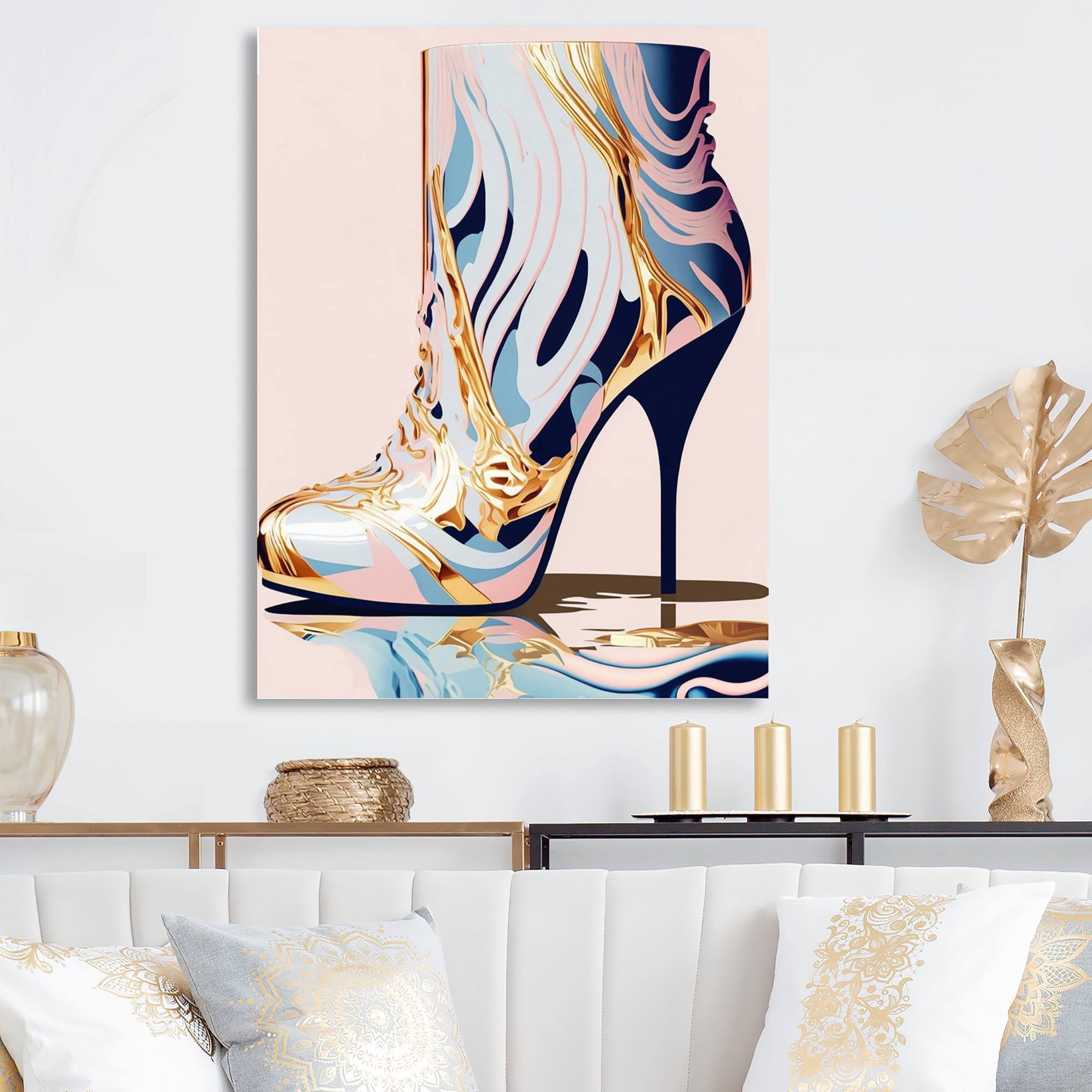 Designart Pink And Blue Art Deco High Heel Boots II Canvas Wall Art