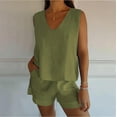 thumbnail image 4 of DDAPJ pyju Women's Summer 2 Piece Outfits Cotton Linen Sleeveless Crop Tank Top and Shorts Matching Lounge Set with Pockets Ofertas de la semana Green L, 4 of 8