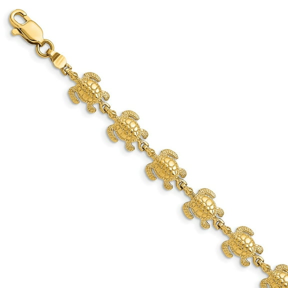 Real 14kt Yellow Gold Swimming Sea Turtle Chain Bracelet; 7.25 inch; Lobster Clasp; for Adults and Teens; for Women and Men