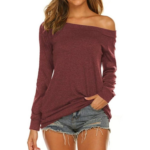 Top con hombros descubiertos para mujer, jersey de manga larga de Color puro, camisa holgada elástica para mujer, Top para fiesta diaria, trabajo, rojo vino M