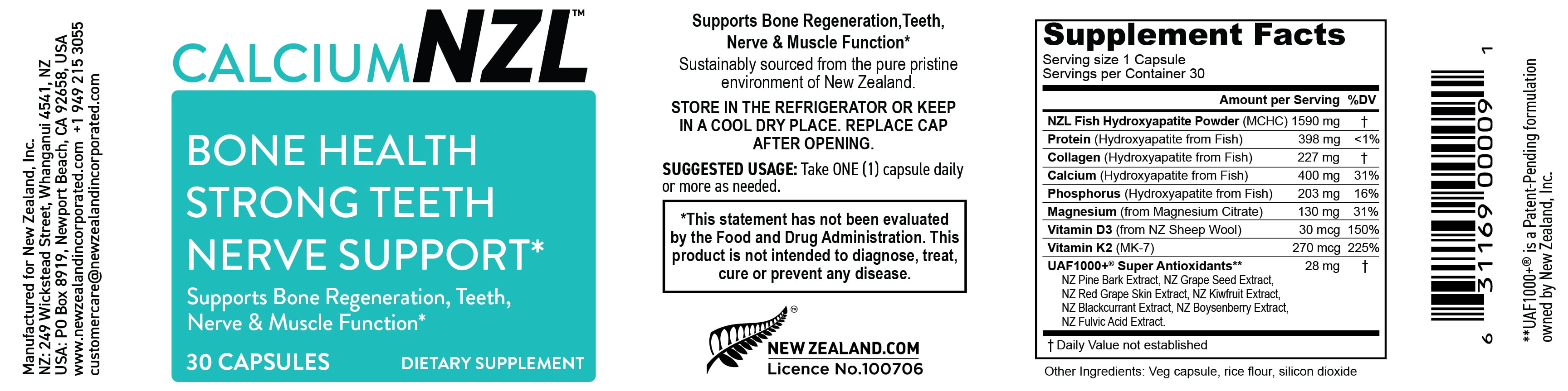 NZL Calcium Plus, New Zealand Natural Raw Calcium Supplement, Phosphorus, Magnesium, Collagen, Selenium, 30 Capsules