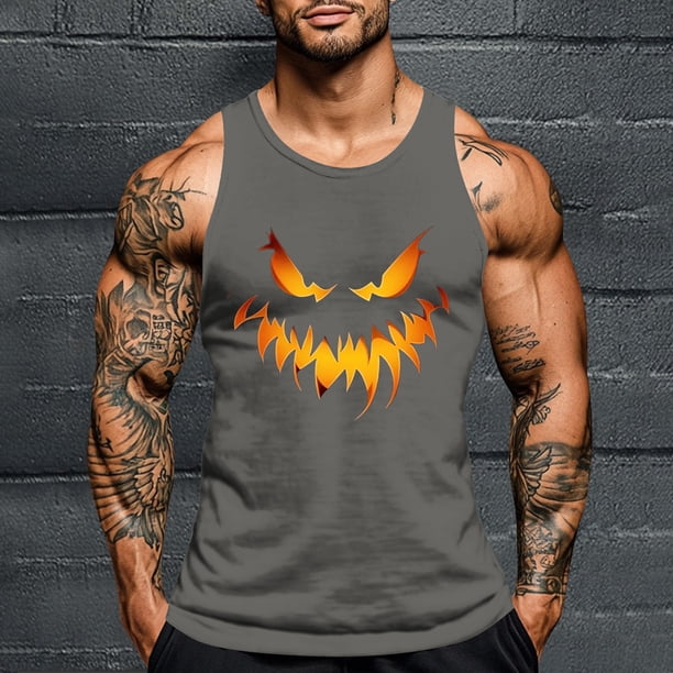 Camiseta sin mangas de cuello redondo para hombre, con estampado de Halloween, cuello redondo, estilo informal, deportiva, para hombre