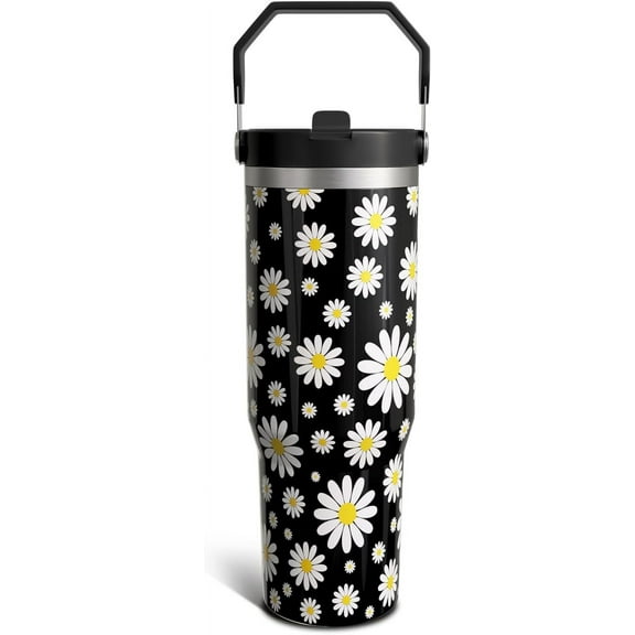 Daisy Gifts 30 Oz Tumbler with Top Handle and Flip Straw, Black flower Stainless Steel Insulated Water Bottle Cup, Cute Floral Lover Birthday Gifts for Women Girls