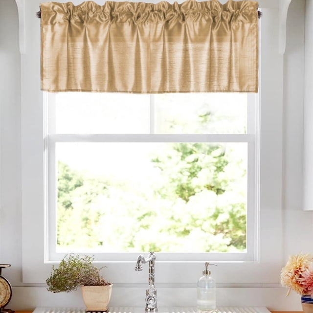 Cenefa de cortina recta dorada de 1 pieza para cocina, guardería y baño, ideal para ventanas pequeñas y cortas, semitransparente, de seda sintética, con bolsillo para barra, 137 cm de ancho x 45 cm