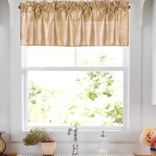 Cenefa de cortina recta dorada de 1 pieza para cocina, guardería y baño, ideal para ventanas pequeñas y cortas, semitransparente, de seda sintética, con bolsillo para barra, 137 cm de ancho x 45 cm