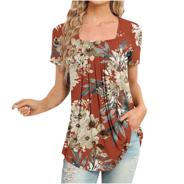 Blouses à Manches Courtes pour Femmes Mode Imprimée Décontractée Col Rond T-Shirt Ample Blouse Hauts à Manches Courtes pour Femmes