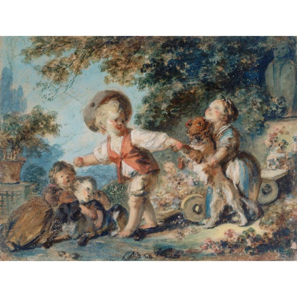 Jean-Honoré Fragonard 14x12 Black Modern Framed Museum Art Print Titled - Children Playing with Two Dogs