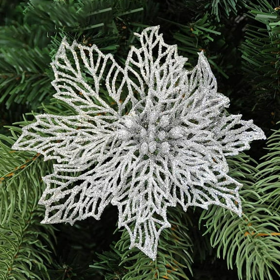 KAKOWELY 12Pcs Silver Glitter Powder Artificial Flower Ornament Festive Design Christmas Tree Decor 14.5x5.7in