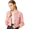 thumbnail image 1 of Chaqueta de mezclilla corta casual básica de manga larga con botones para mujer Rosa XL, 1 of 6